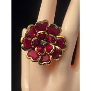 Women's Red Bead Flower W/ Gold Tone Adjustable Ring